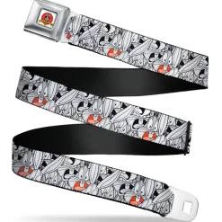 Looney Tunes Logo Full Color White Seatbelt Belt - Bugs Bunny Expressions Stacked White/Black/Gray Webbing
