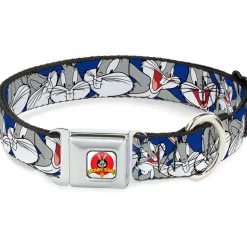Looney Tunes Logo Full Color White Seatbelt Buckle Collar - Bugs Bunny CLOSE-UP Poses Blue