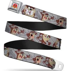 Looney Tunes Logo Full Color White Seatbelt Belt - Tasmanian Devil Expressions Gray Swirl Webbing