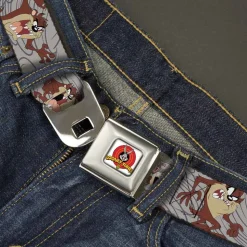 Looney Tunes Logo Full Color White Seatbelt Belt - Tasmanian Devil Expressions Gray Swirl Webbing