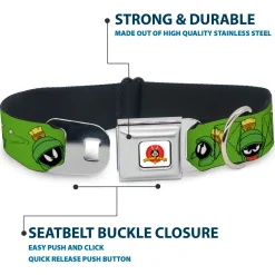 Looney Tunes Logo Full Color White Seatbelt Buckle Collar - MARVIN THE MARTIAN w/Poses/Expressions Green