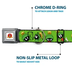 Looney Tunes Logo Full Color White Seatbelt Buckle Collar - MARVIN THE MARTIAN w/Poses/Expressions Green