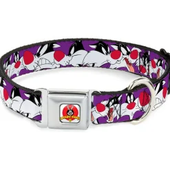 Looney Tunes Logo Full Color White Seatbelt Buckle Collar - Sylvester the Cat Expressions Purple