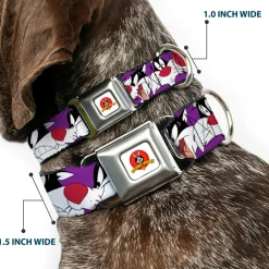 Looney Tunes Logo Full Color White Seatbelt Buckle Collar - Sylvester the Cat Expressions Purple