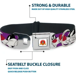 Looney Tunes Logo Full Color White Seatbelt Buckle Collar - Sylvester the Cat Expressions Purple