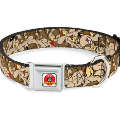 Looney Tunes Logo Full Color White Seatbelt Buckle Collar - Wile E. Coyote Expressions Stacked