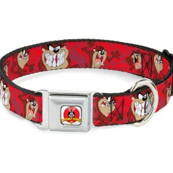 Looney Tunes Logo Full Color White Seatbelt Buckle Collar - Tasmanian Devil Expressions Red Swirl