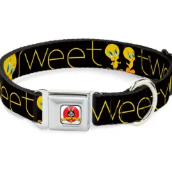 Looney Tunes Logo Full Color White Seatbelt Buckle Collar - Tweety Bird Poses CUTE AND SWEET Black/Yellow