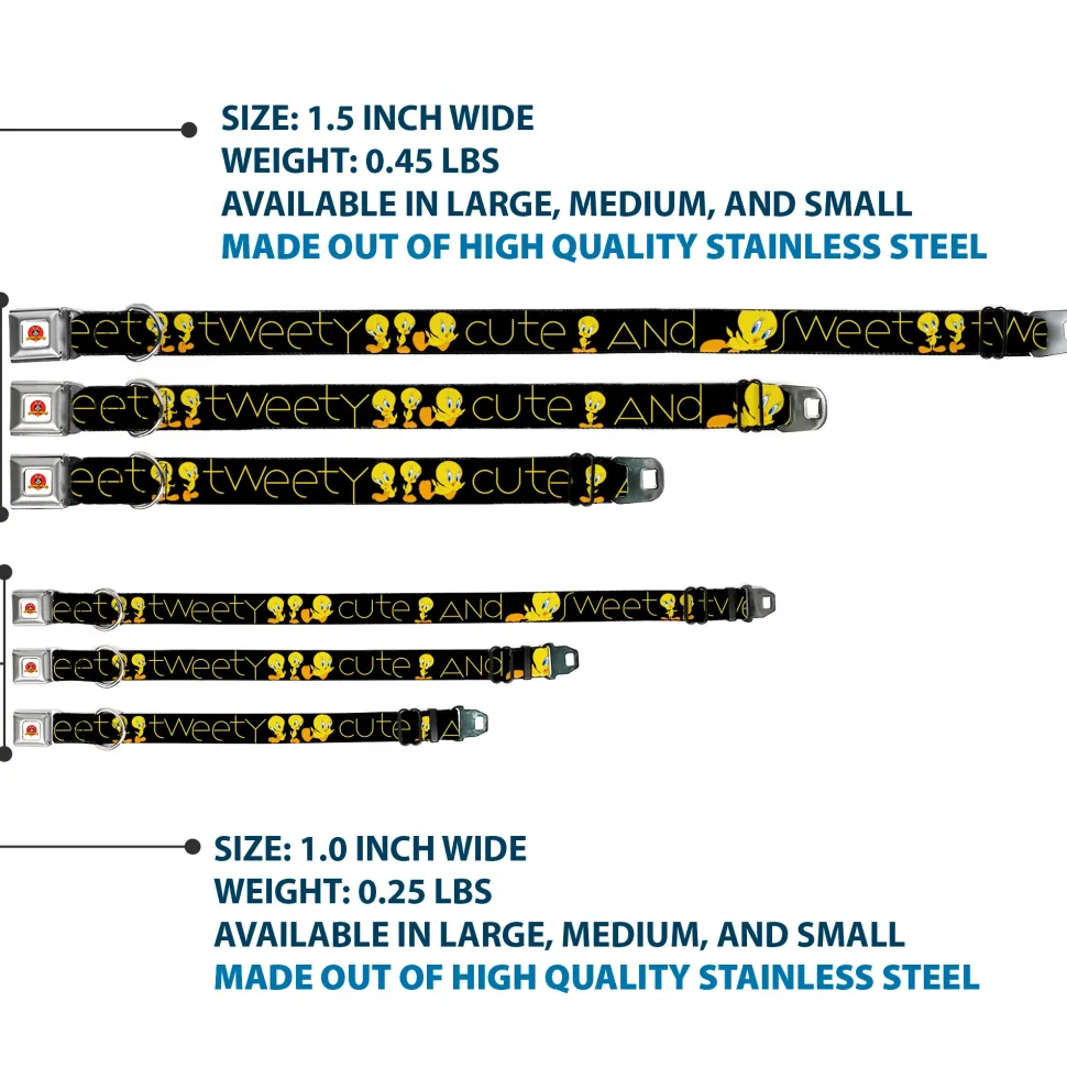 Looney Tunes Logo Full Color White Seatbelt Buckle Collar - Tweety Bird Poses CUTE AND SWEET Black/Yellow