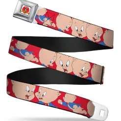 Looney Tunes Logo Full Color White Seatbelt Belt - Porky Pig Expressions Red Webbing