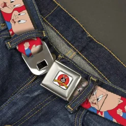 Looney Tunes Logo Full Color White Seatbelt Belt - Porky Pig Expressions Red Webbing