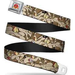 Looney Tunes Logo Full Color White Seatbelt Belt - Wile E. Coyote Expressions Stacked Webbing