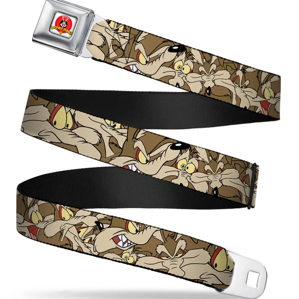 Looney Tunes Logo Full Color White Seatbelt Belt - Wile E. Coyote Expressions Stacked Webbing