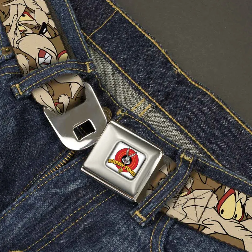 Looney Tunes Logo Full Color White Seatbelt Belt - Wile E. Coyote Expressions Stacked Webbing