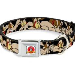 Looney Tunes Logo Full Color White Seatbelt Buckle Collar - Wile E. Coyote Expressions Black