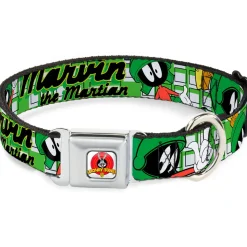 Looney Tunes Logo Full Color White Seatbelt Buckle Collar - MARVIN THE MARTIAN w/Poses White/Green
