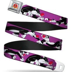 Looney Tunes Logo Full Color White Seatbelt Belt - Sylvester the Cat Poses Purple Webbing