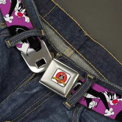 Looney Tunes Logo Full Color White Seatbelt Belt - Sylvester the Cat Poses Purple Webbing