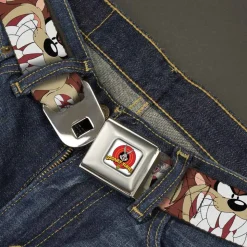 Looney Tunes Logo Full Color White Seatbelt Belt - Tasmanian Devil Expressions Brown Webbing
