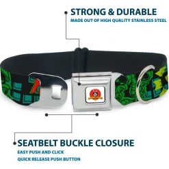 Looney Tunes Logo Full Color White Seatbelt Buckle Collar - MARVIN THE MARTIAN w/Poses Black/Turquoise