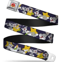 Looney Tunes Logo Full Color White Seatbelt Belt - Bugs Bunny Poses/Stars Navy Webbing