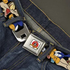 Looney Tunes Logo Full Color White Seatbelt Belt - Road Runner/Wile E. Coyote Expressions Stacked Black Webbing