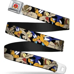 Looney Tunes Logo Full Color White Seatbelt Belt - Road Runner/Wile E. Coyote Expressions Stacked Black Webbing