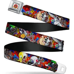 Looney Tunes Logo Full Color White Seatbelt Belt - Looney Tunes 6-Anatomy Character Poses Black Webbing