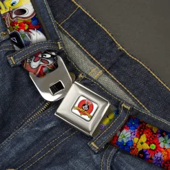 Looney Tunes Logo Full Color White Seatbelt Belt - Looney Tunes 6-Anatomy Character Poses Black Webbing