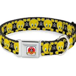 Looney Tunes Logo Full Color White Seatbelt Buckle Collar - Tweety Bird & Crossbones Black/White/Yellow