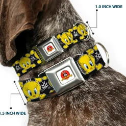 Looney Tunes Logo Full Color White Seatbelt Buckle Collar - Tweety Bird & Crossbones Black/White/Yellow