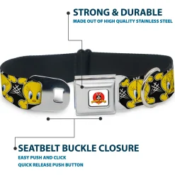 Looney Tunes Logo Full Color White Seatbelt Buckle Collar - Tweety Bird & Crossbones Black/White/Yellow