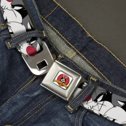 Looney Tunes Logo Full Color White Seatbelt Belt - Sylvester the Cat Expressions Gray Webbing