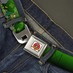Looney Tunes Logo Full Color White Seatbelt Belt - Marvin the Martian & K-9 Poses/Clovers Greens Webbing