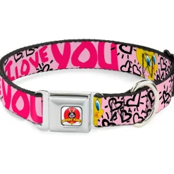 Looney Tunes Logo Full Color White Seatbelt Buckle Collar - Tweety Bird I LOVE YOU Pink/Black