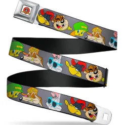Looney Tunes Logo Full Color White Seatbelt Belt - Looney Tunes 5-Hip Hop Expressions Gray Webbing