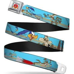 Looney Tunes Logo Full Color White Seatbelt Belt - Road Runner/Wile E. Coyote Scene2 Desert Webbing