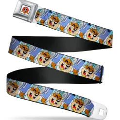 Looney Tunes Logo Full Color White Seatbelt Belt - Tasmanian Devil Boom Box Pose Baby Blue Webbing