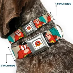 Looney Tunes Logo Full Color White Seatbelt Buckle Collar - Yosemite Sam Poses Turquoise