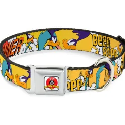 Looney Tunes Logo White Seatbelt Buckle Collar - ROAD RUNNER w/Road Runner Poses Orange