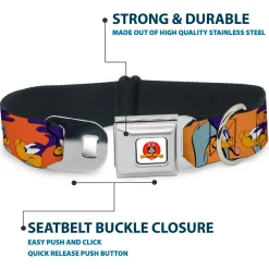 Looney Tunes Logo White Seatbelt Buckle Collar - ROAD RUNNER w/Road Runner Poses Orange