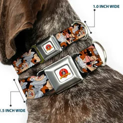 Looney Tunes Logo White Seatbelt Buckle Collar - Tasmanian Devil Vortex Poses Stacked Black