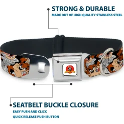 Looney Tunes Logo White Seatbelt Buckle Collar - Tasmanian Devil Vortex Poses Stacked Black