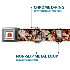 Looney Tunes Logo White Seatbelt Buckle Collar - Tasmanian Devil Vortex Poses Stacked Black