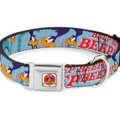Looney Tunes Logo White Seatbelt Buckle Collar - MEEP MEEP!! w/Road Runner Poses Baby Blue