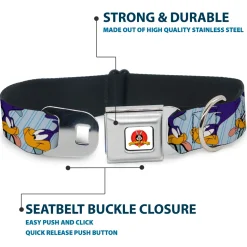 Looney Tunes Logo White Seatbelt Buckle Collar - MEEP MEEP!! w/Road Runner Poses Baby Blue