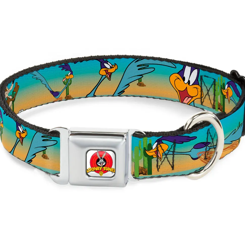 Looney Tunes Logo White Seatbelt Buckle Collar - Road Runner/Wile E. Coyote Scene1 Desert