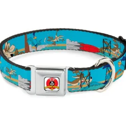 Looney Tunes Logo White Seatbelt Buckle Collar - Road Runner/Wile E. Coyote Scene2 Desert