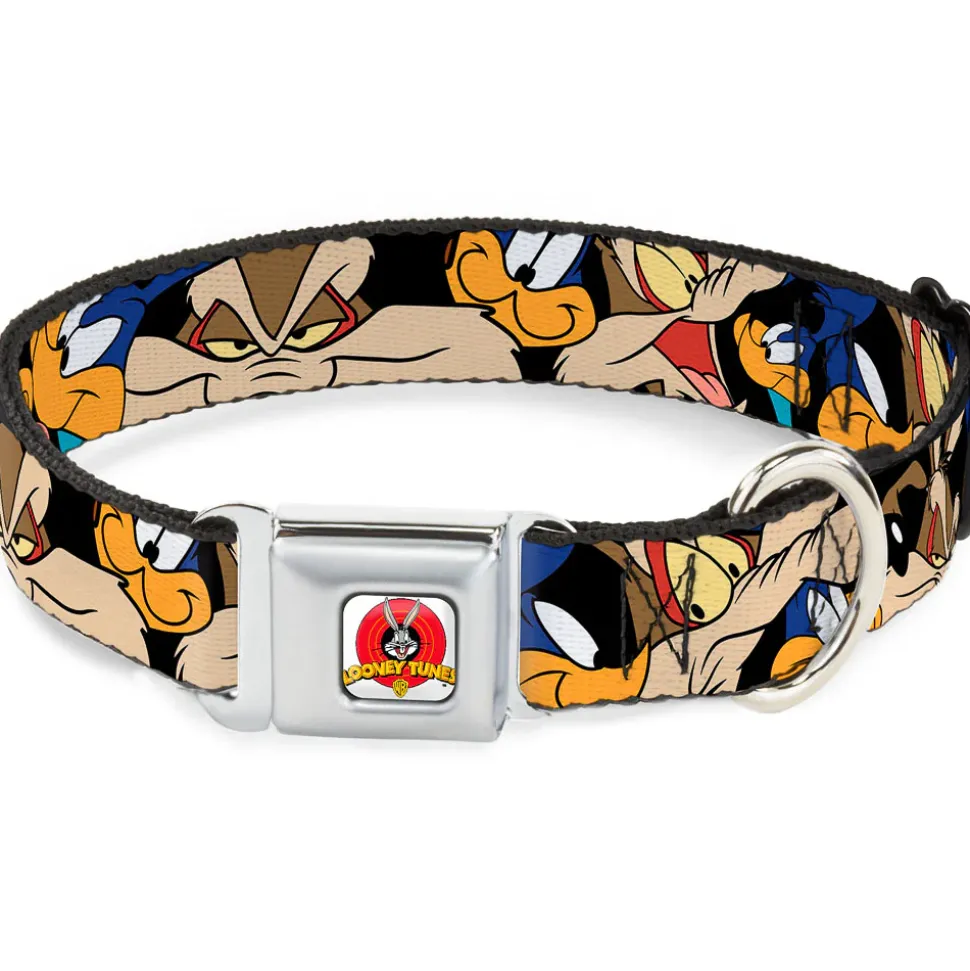 Looney Tunes Logo White Seatbelt Buckle Collar - Road Runner/Wile E. Coyote Expressions Stacked Black