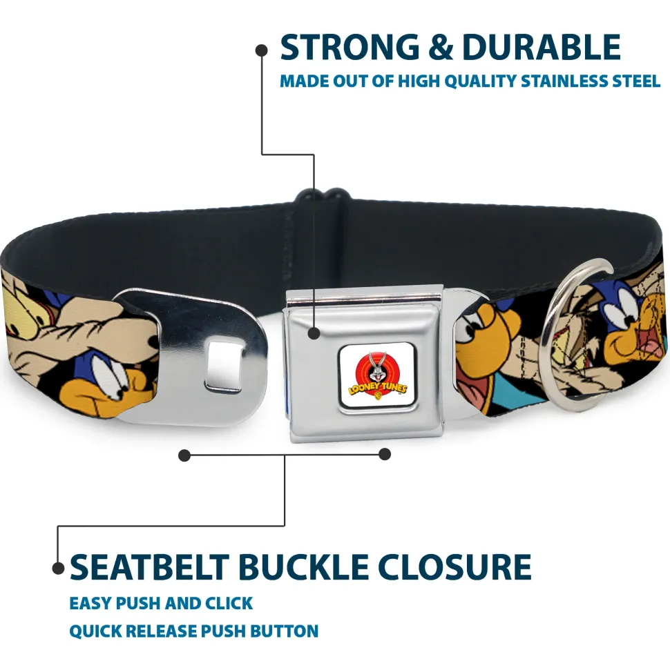 Looney Tunes Logo White Seatbelt Buckle Collar - Road Runner/Wile E. Coyote Expressions Stacked Black
